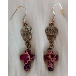 Sugarskull & Purple Cross Dangle Pierced Boho Earrings NIP